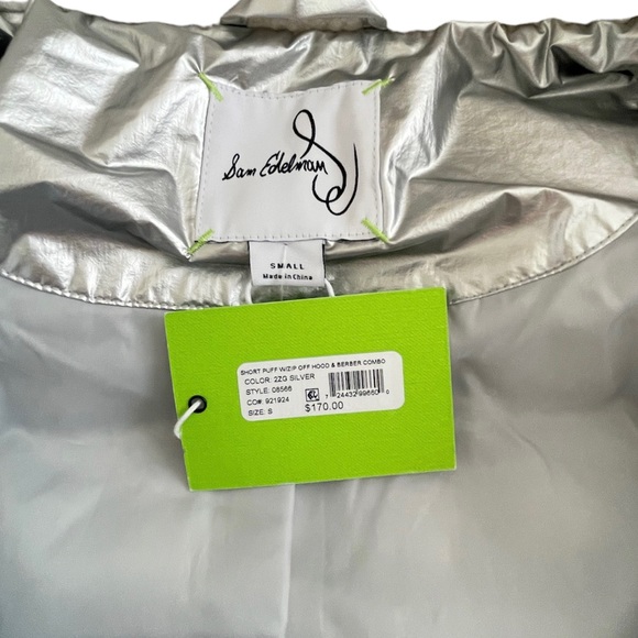 Sam Edelman METALLIC FLEECE TRIM HOODED PUFF COAT IN SILVER NWT - Picture 12 of 14